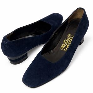 Salvatore Ferragamo Navy Suede Square Toe Block Heel Pumps Vintage